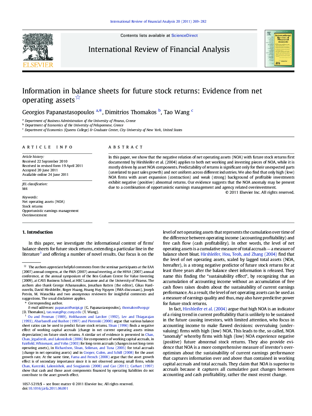 Information in balance sheets for future stock returns: Evidence from net operating assets