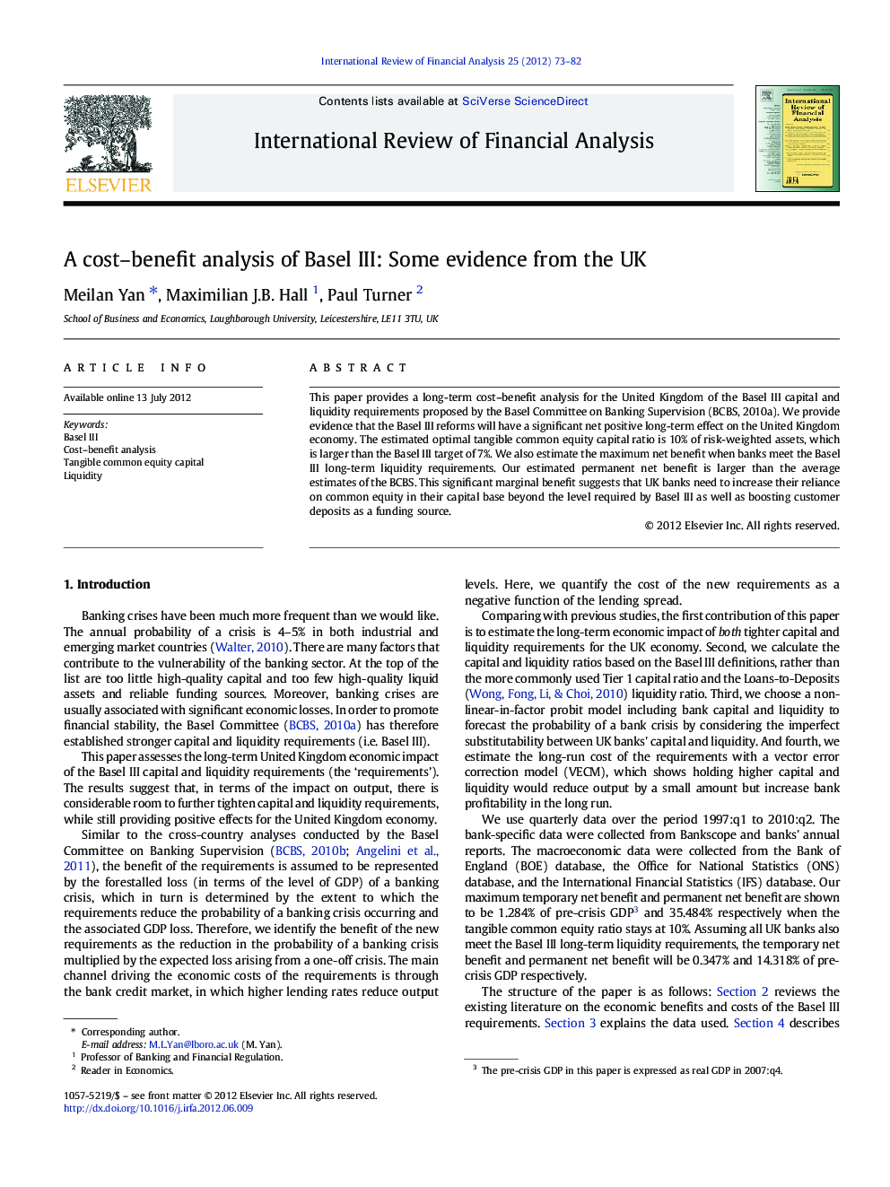 A cost-benefit analysis of Basel III: Some evidence from the UK