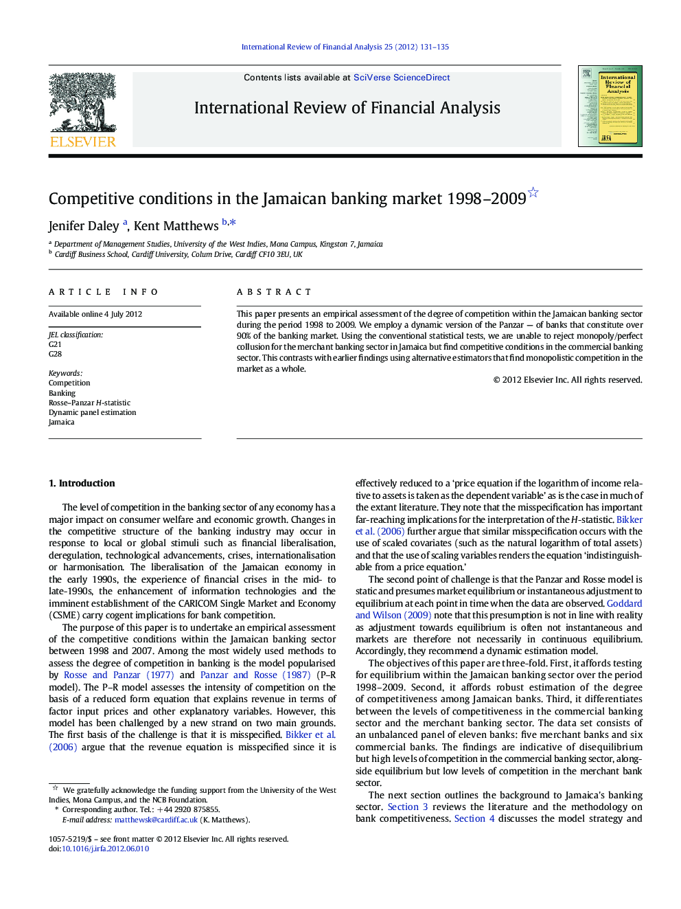 Competitive conditions in the Jamaican banking market 1998-2009