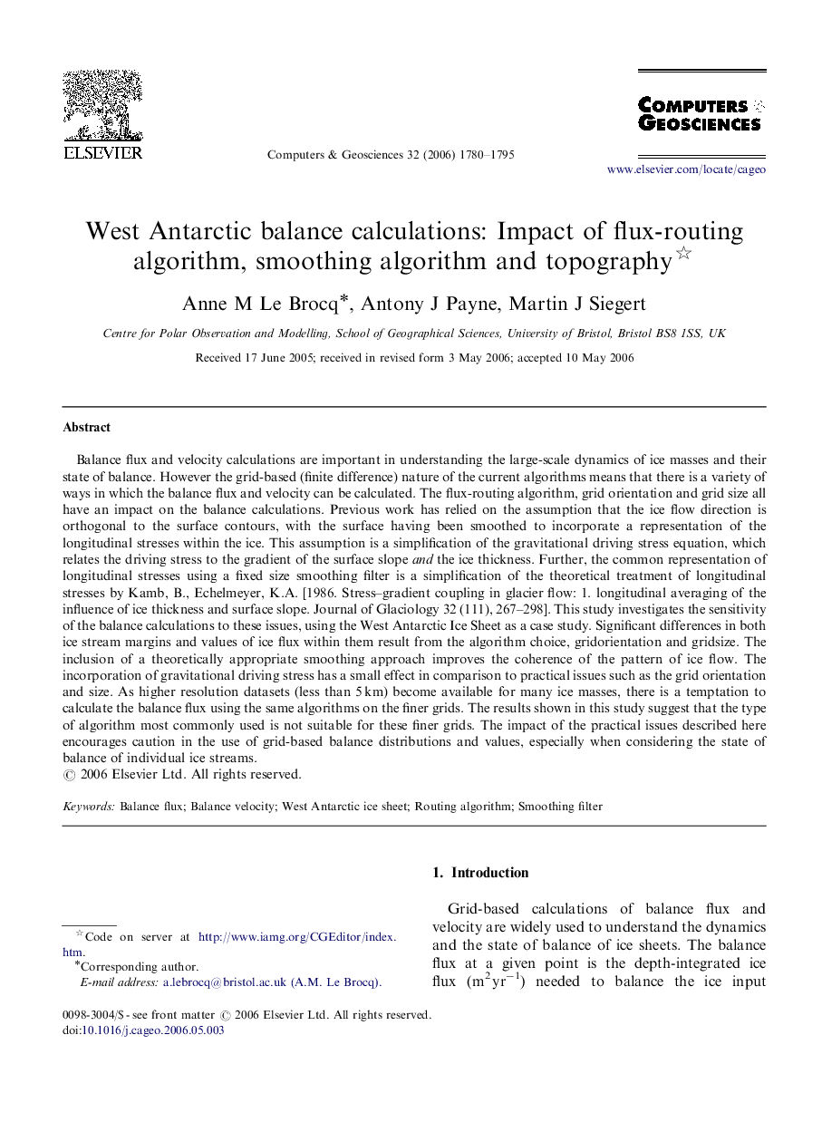 West Antarctic balance calculations: Impact of flux-routing algorithm, smoothing algorithm and topography 