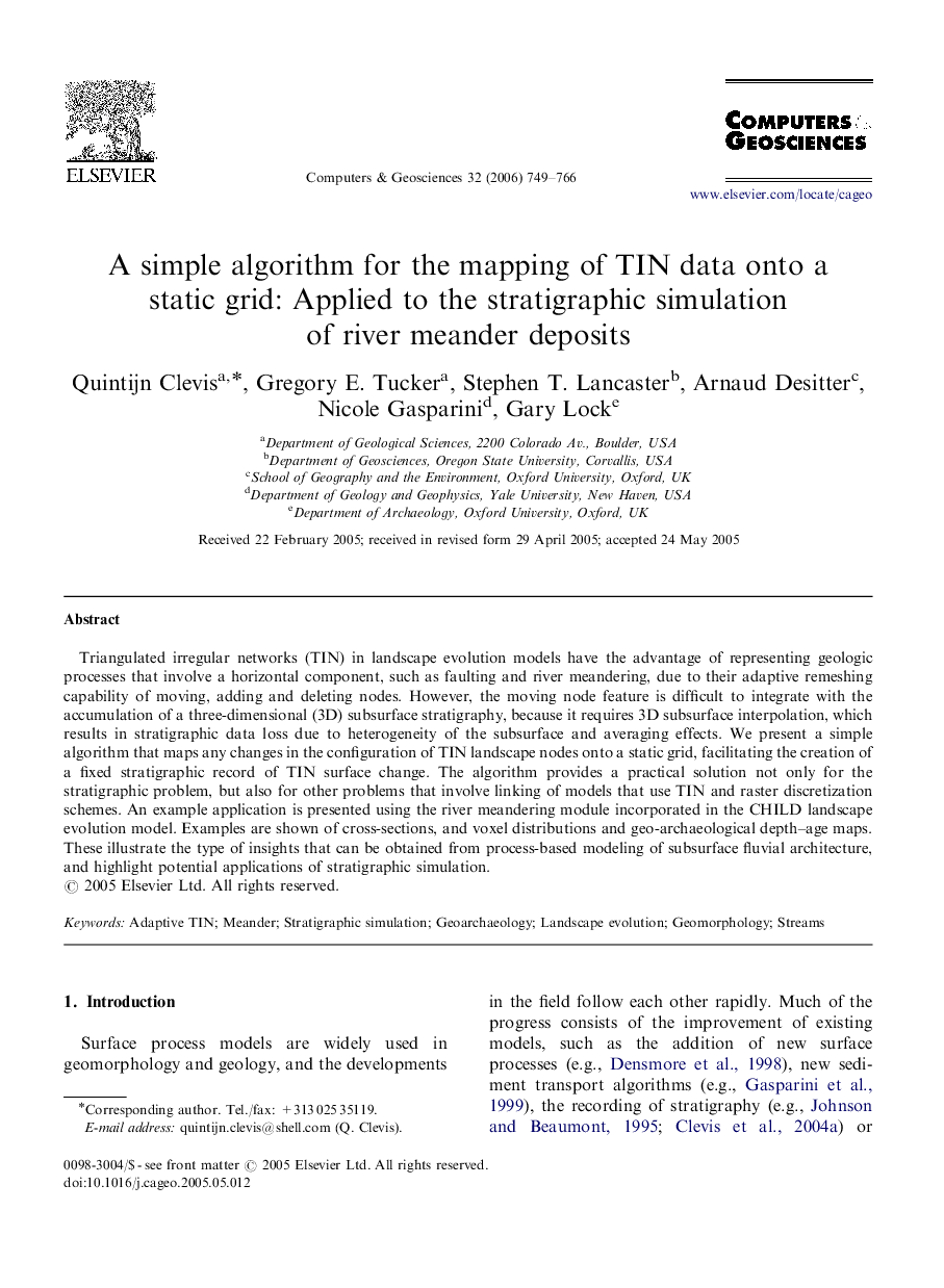 A simple algorithm for the mapping of TIN data onto a static grid: Applied to the stratigraphic simulation of river meander deposits