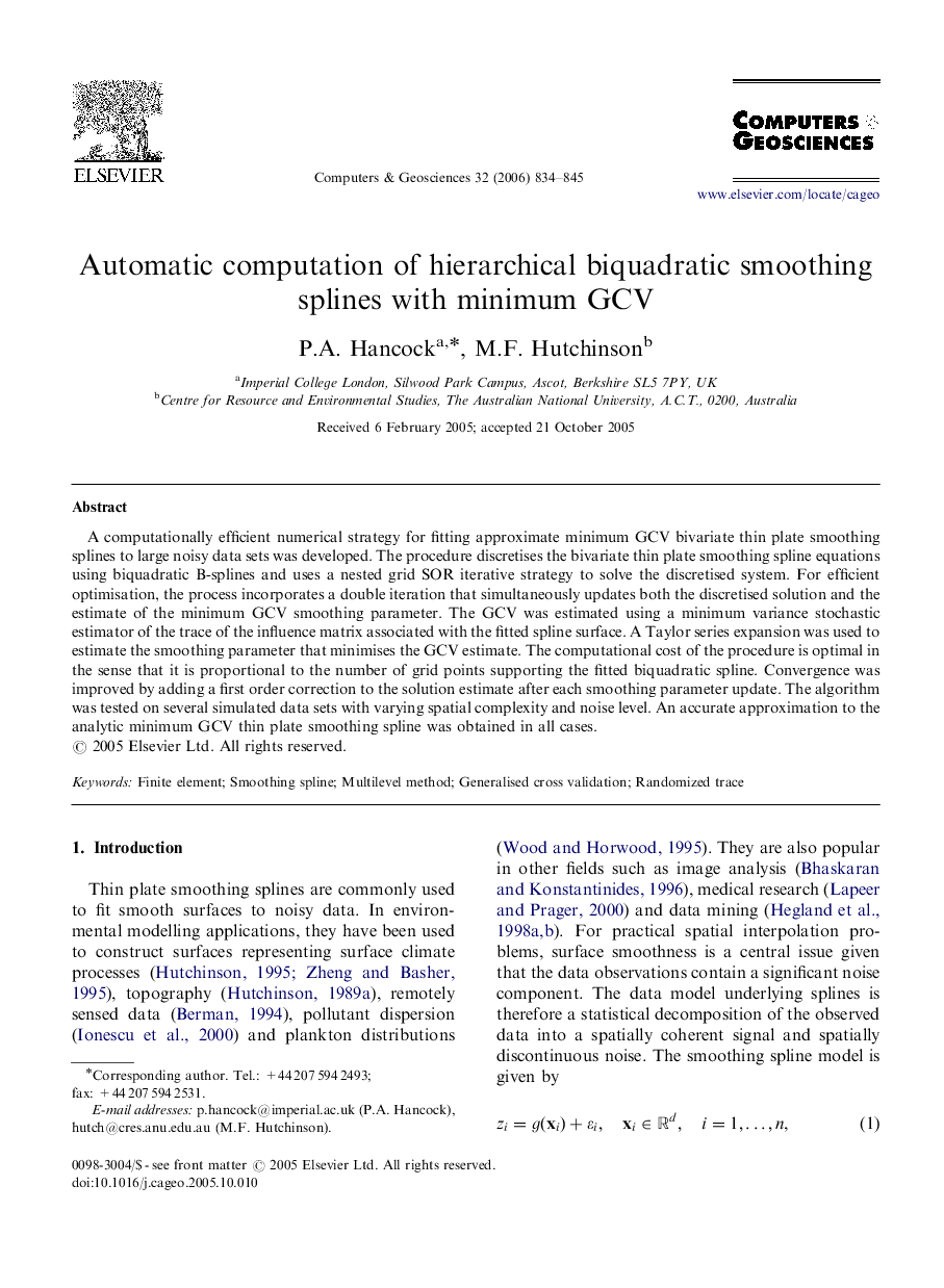 Automatic computation of hierarchical biquadratic smoothing splines with minimum GCV