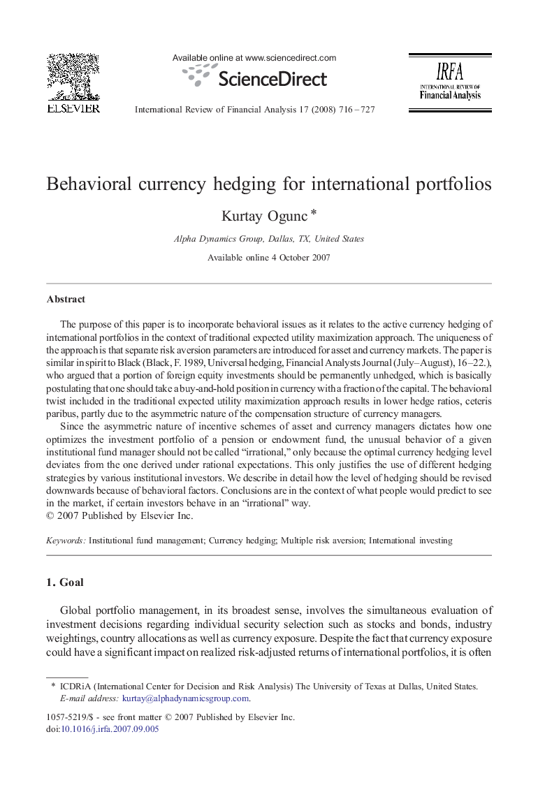 Behavioral currency hedging for international portfolios