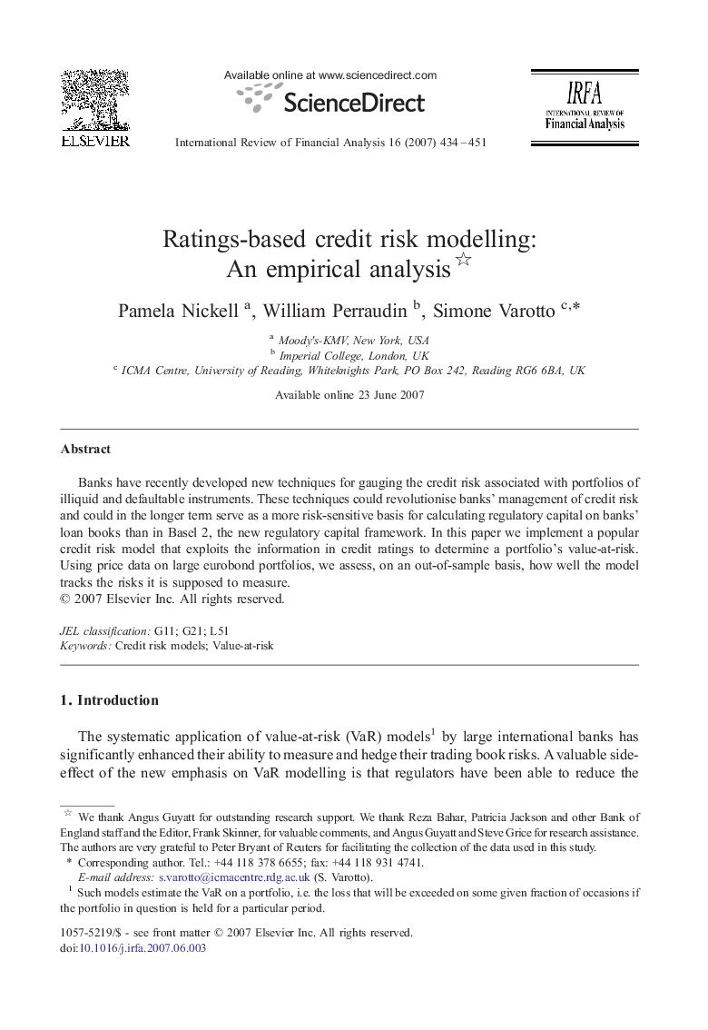 Ratings-based credit risk modelling: An empirical analysis