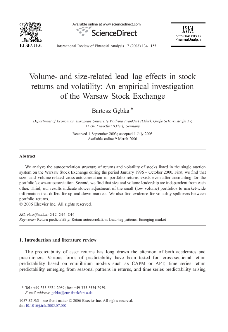 Volume- and size-related lead-lag effects in stock returns and volatility: An empirical investigation of the Warsaw Stock Exchange