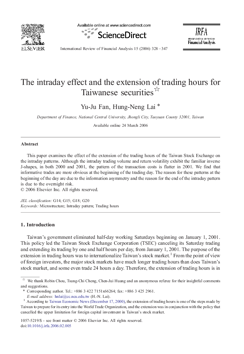 The intraday effect and the extension of trading hours for Taiwanese securities