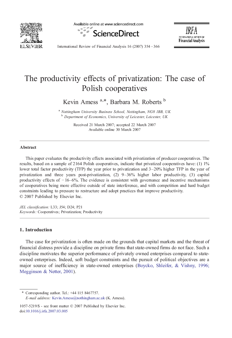 The productivity effects of privatization: The case of Polish cooperatives