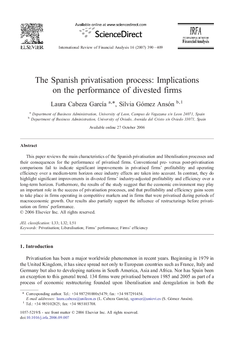 The Spanish privatisation process: Implications on the performance of divested firms