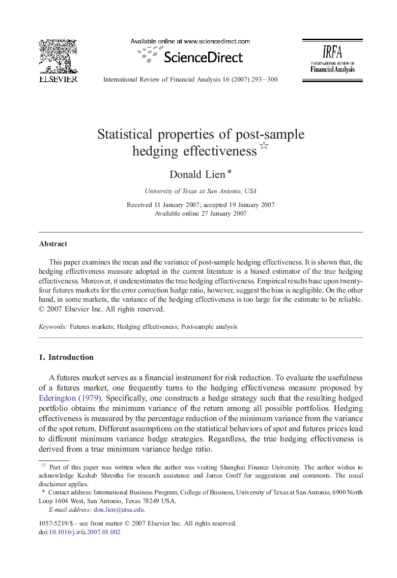 Statistical properties of post-sample hedging effectiveness