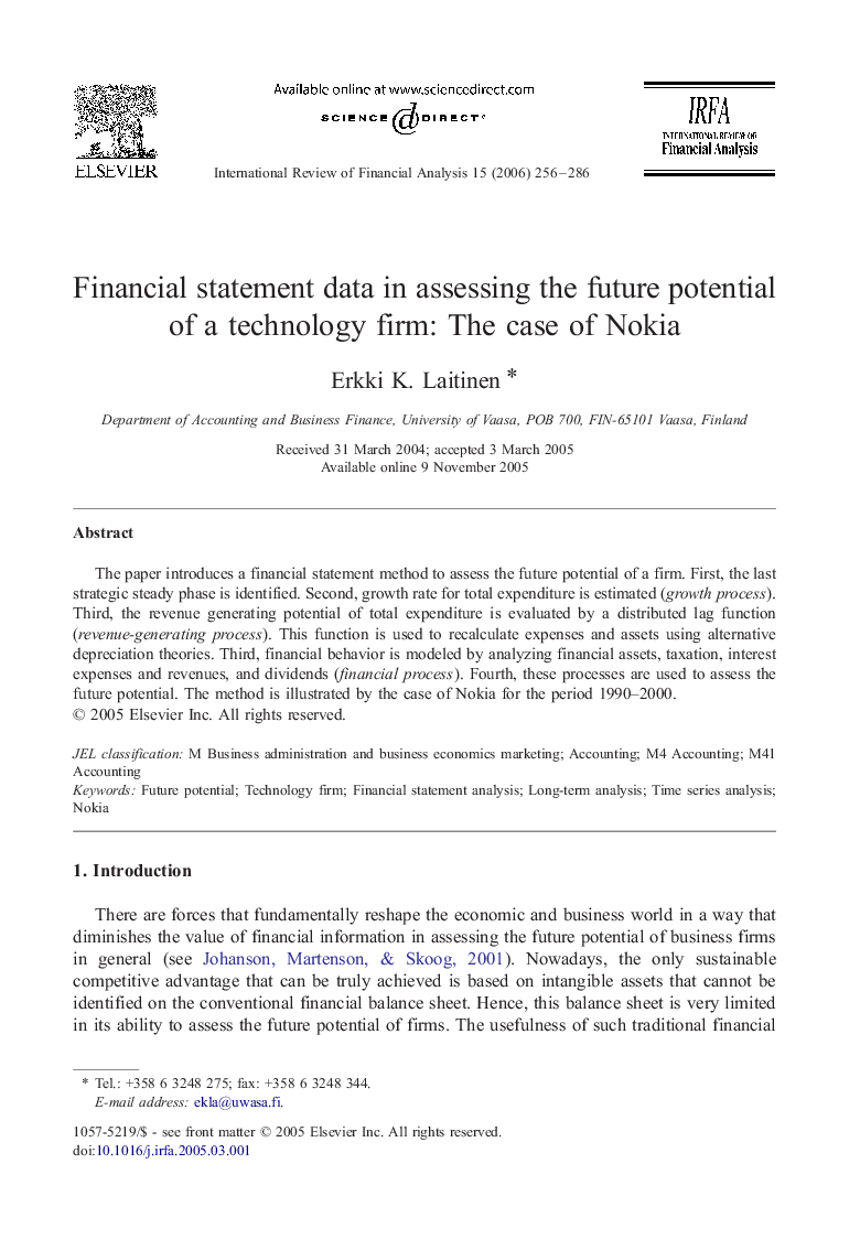 Financial statement data in assessing the future potential of a technology firm: The case of Nokia