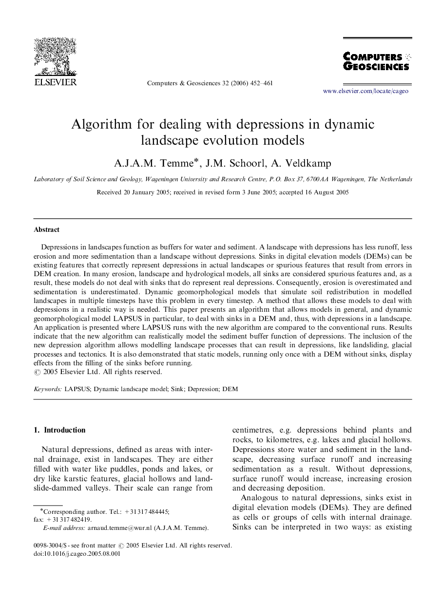 Algorithm for dealing with depressions in dynamic landscape evolution models