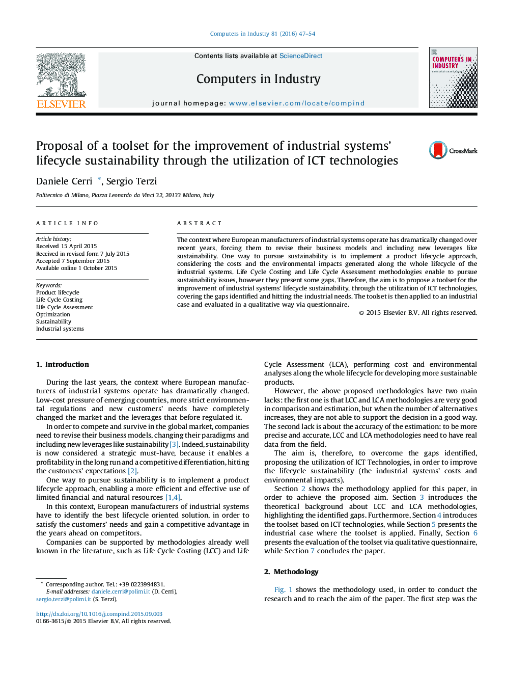 Proposal of a toolset for the improvement of industrial systems’ lifecycle sustainability through the utilization of ICT technologies