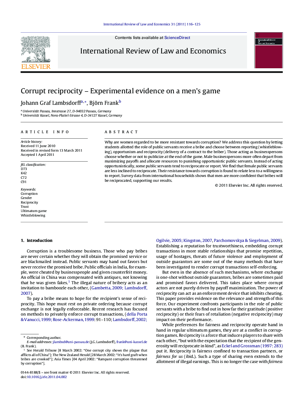 Corrupt reciprocity - Experimental evidence on a men's game