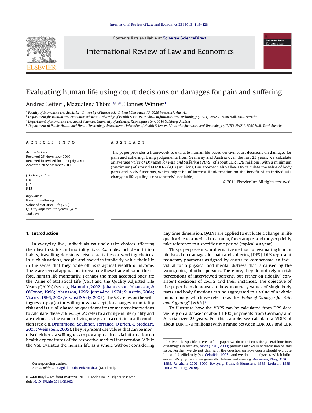 Evaluating human life using court decisions on damages for pain and suffering