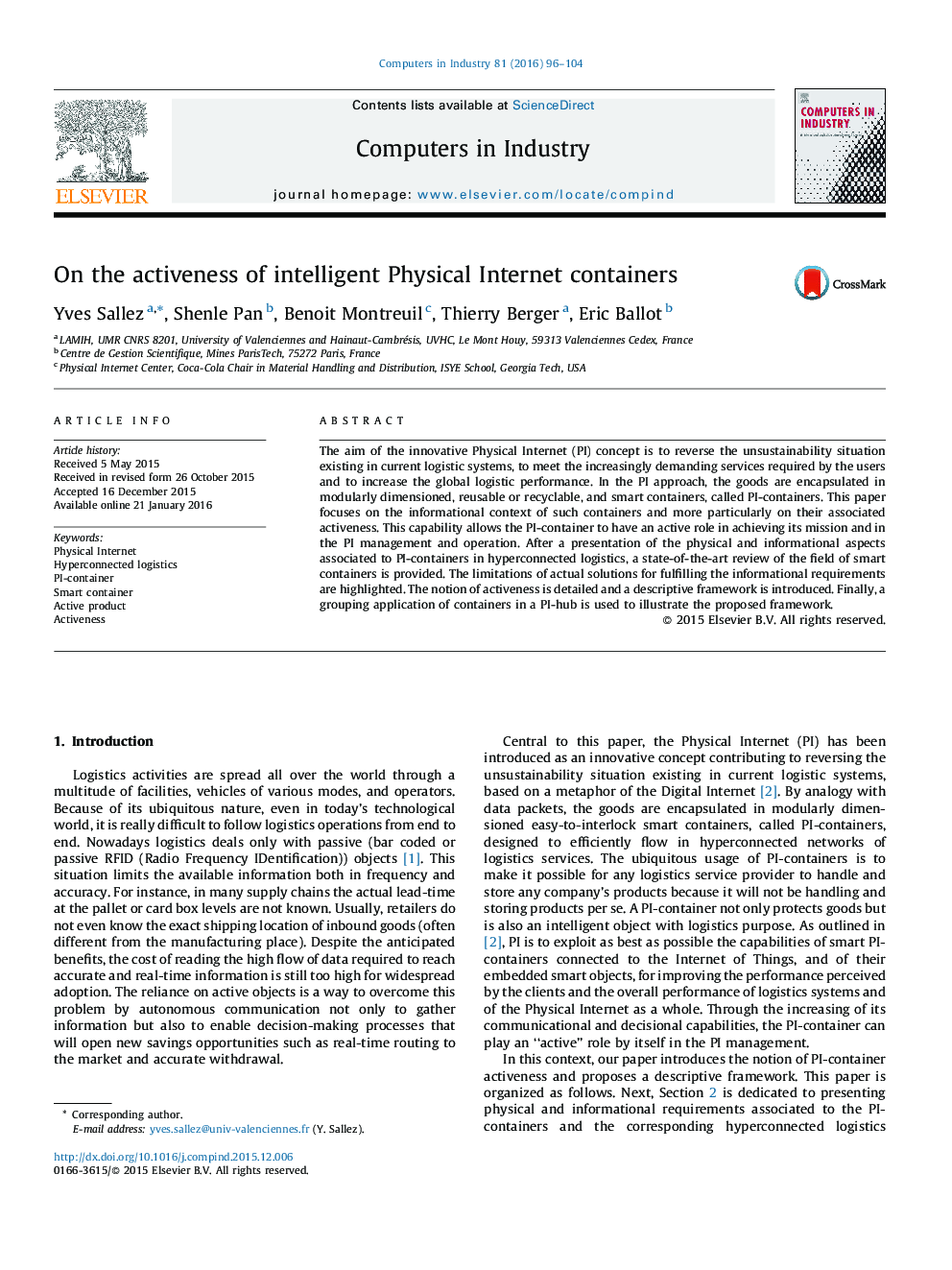 On the activeness of intelligent Physical Internet containers