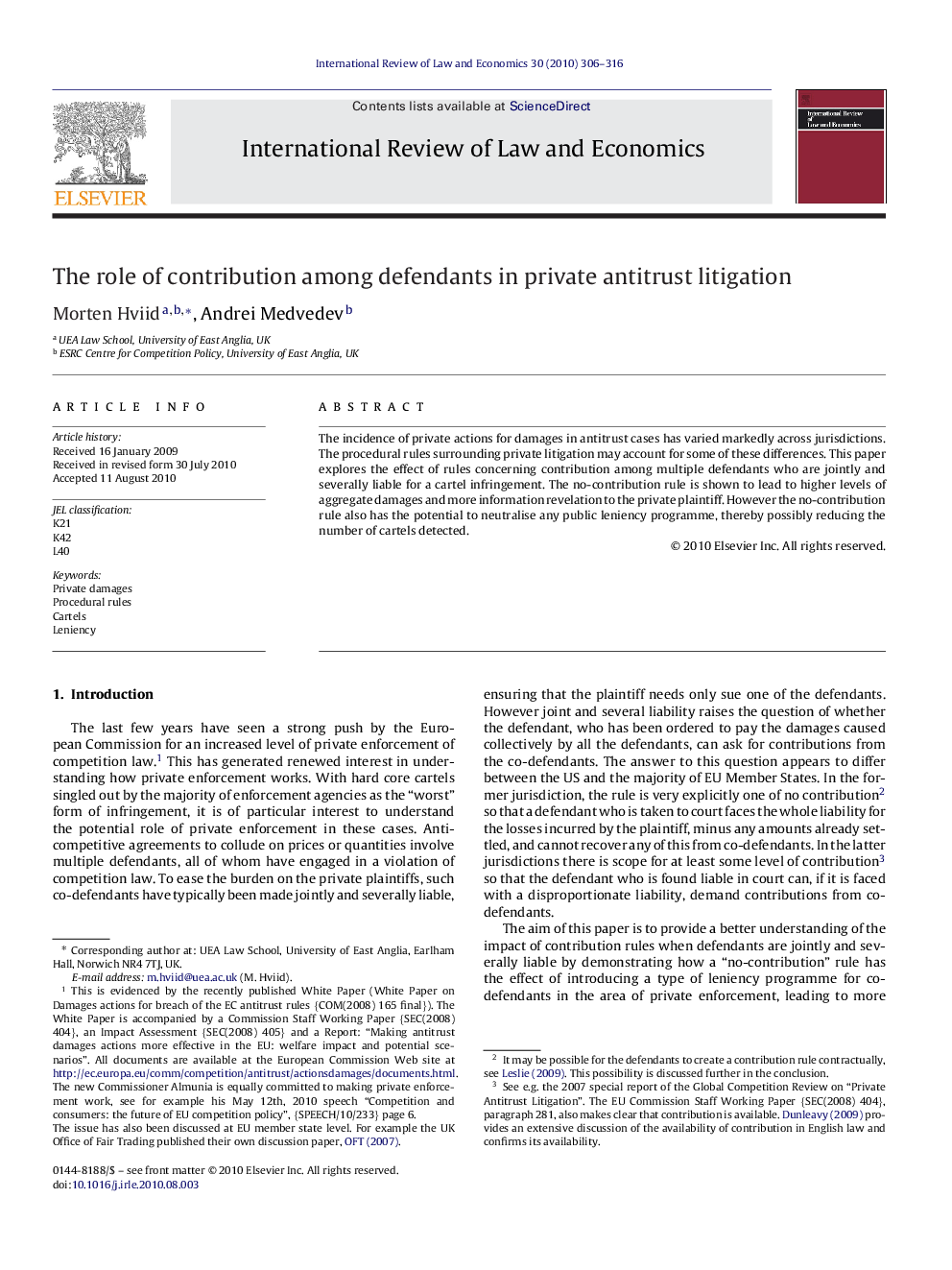 عکس صفحه اول مقاله: The role of contribution among defendants in private antitrust litigation The role of contribution among defendants in private antitrust litigation