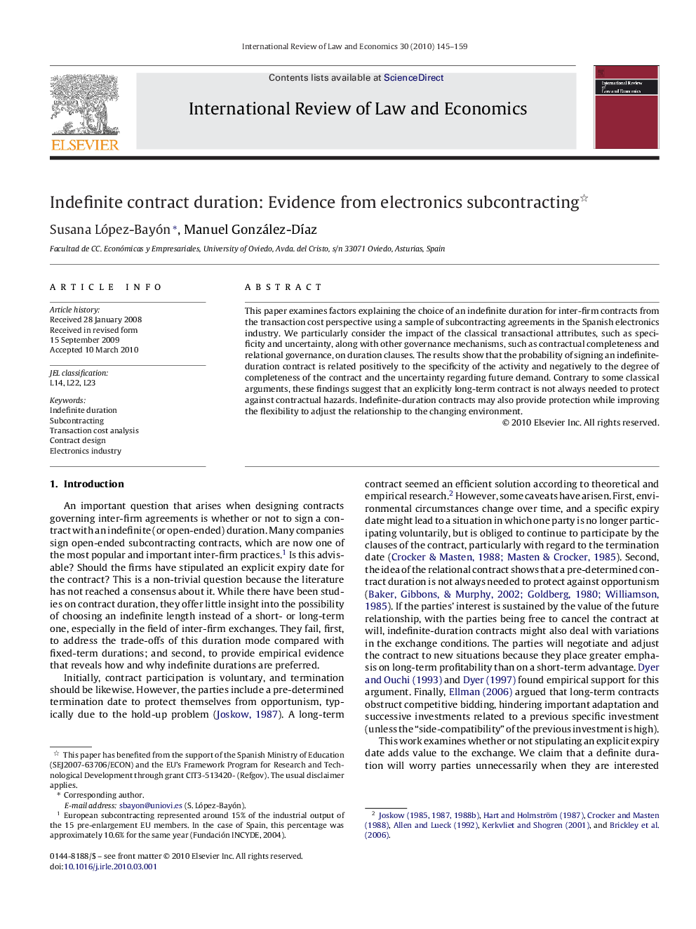 Indefinite contract duration: Evidence from electronics subcontracting