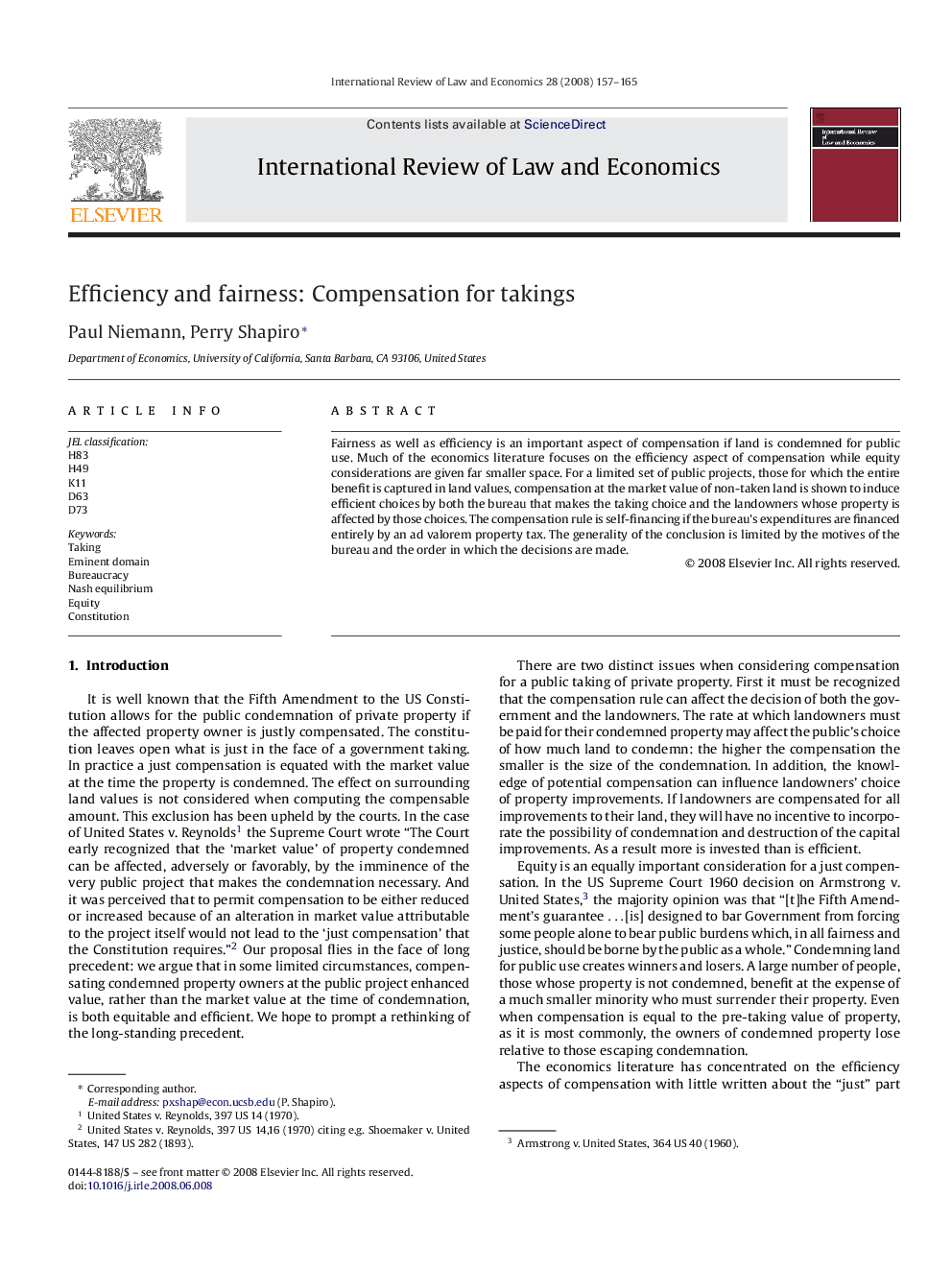 Efficiency and fairness: Compensation for takings