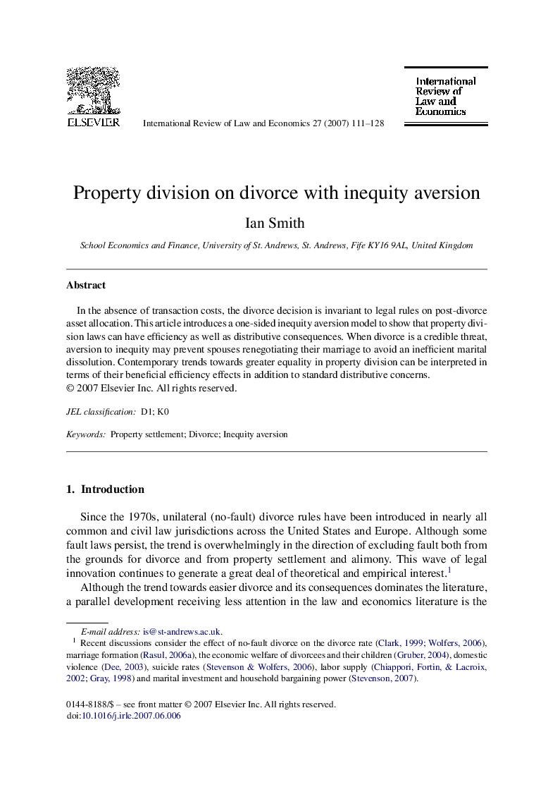 Property division on divorce with inequity aversion