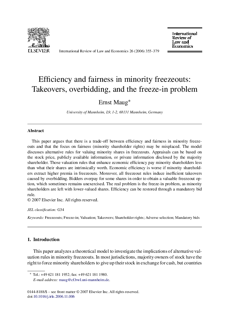 Efficiency and fairness in minority freezeouts: Takeovers, overbidding, and the freeze-in problem