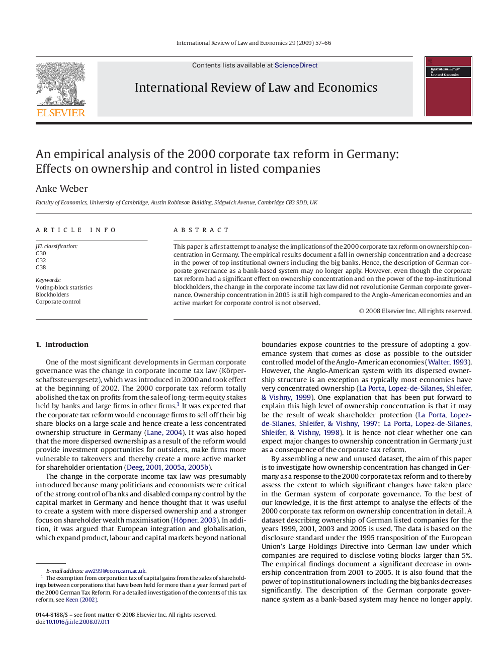 An empirical analysis of the 2000 corporate tax reform in Germany: Effects on ownership and control in listed companies