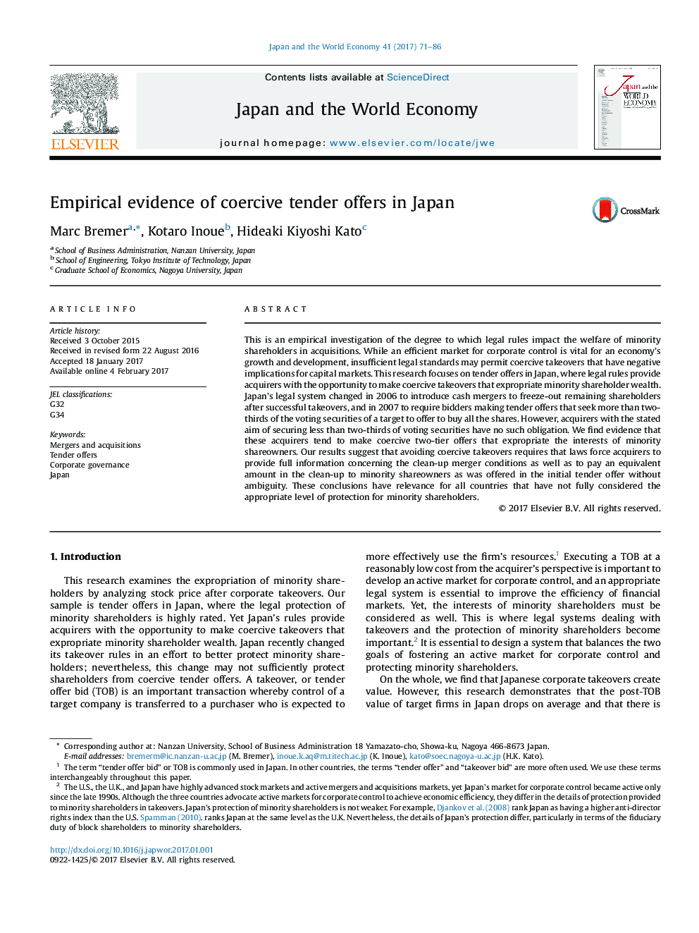 Empirical evidence of coercive tender offers in Japan