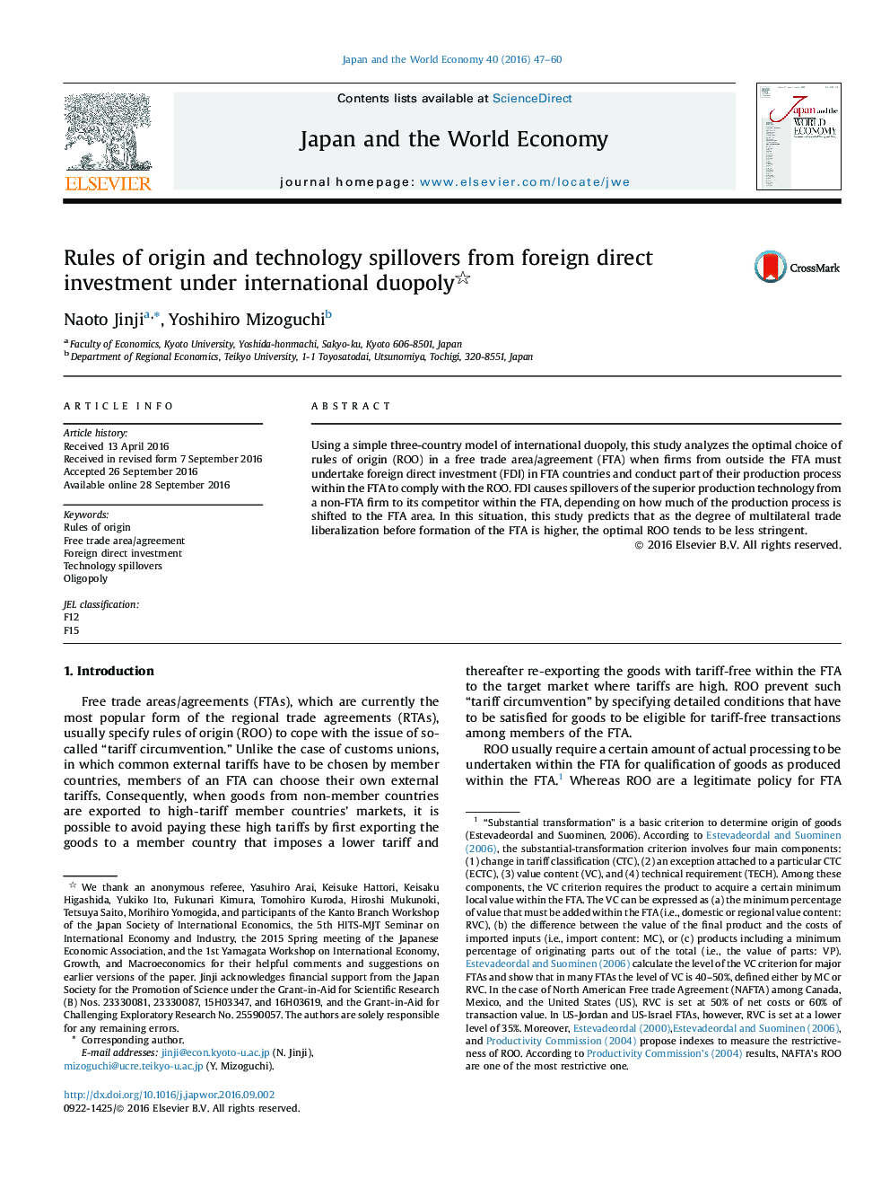 Rules of origin and technology spillovers from foreign direct investment under international duopoly