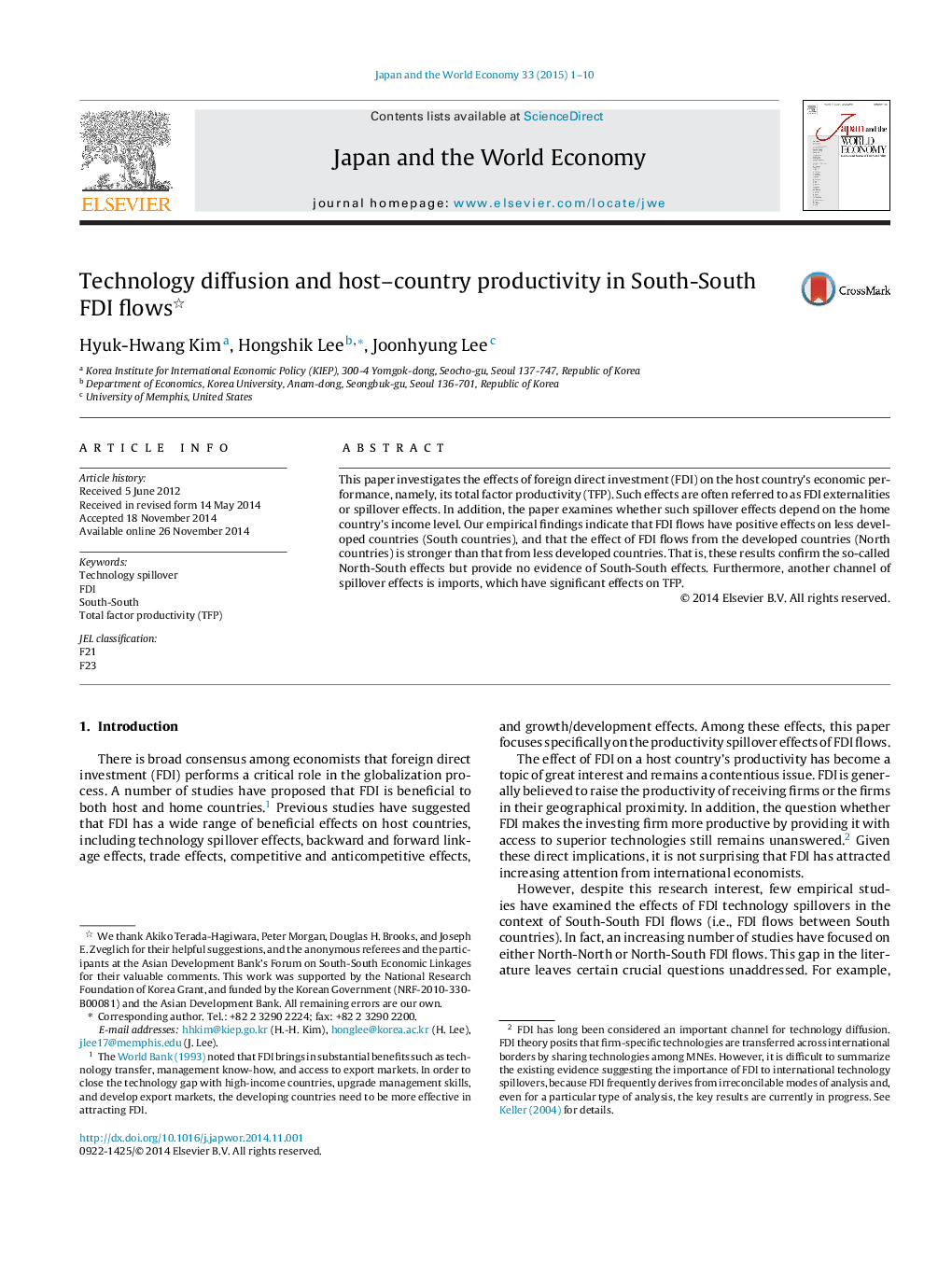 Technology diffusion and host-country productivity in South-South FDI flows