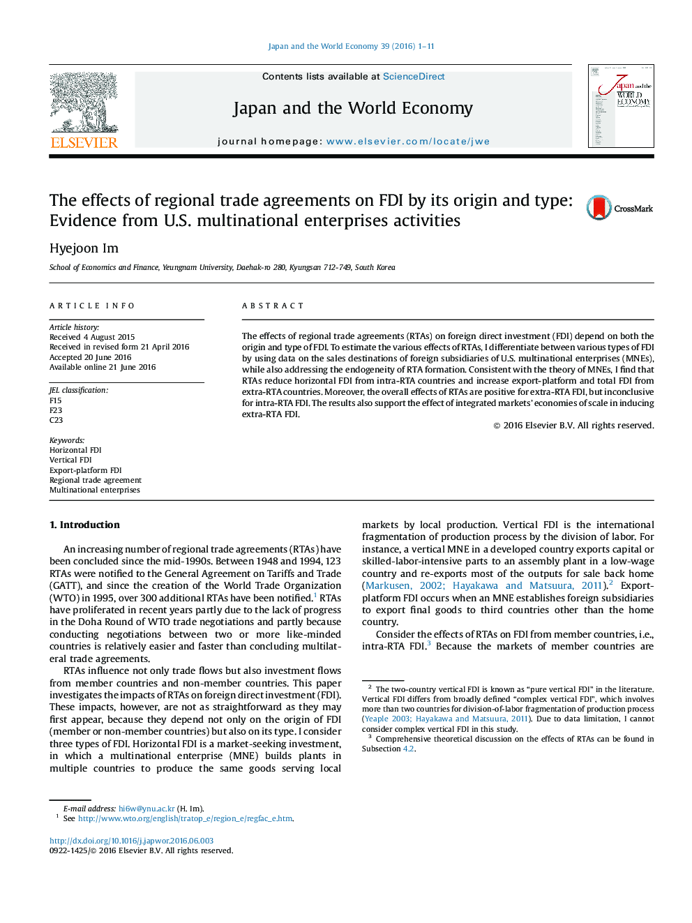 The effects of regional trade agreements on FDI by its origin and type: Evidence from U.S. multinational enterprises activities