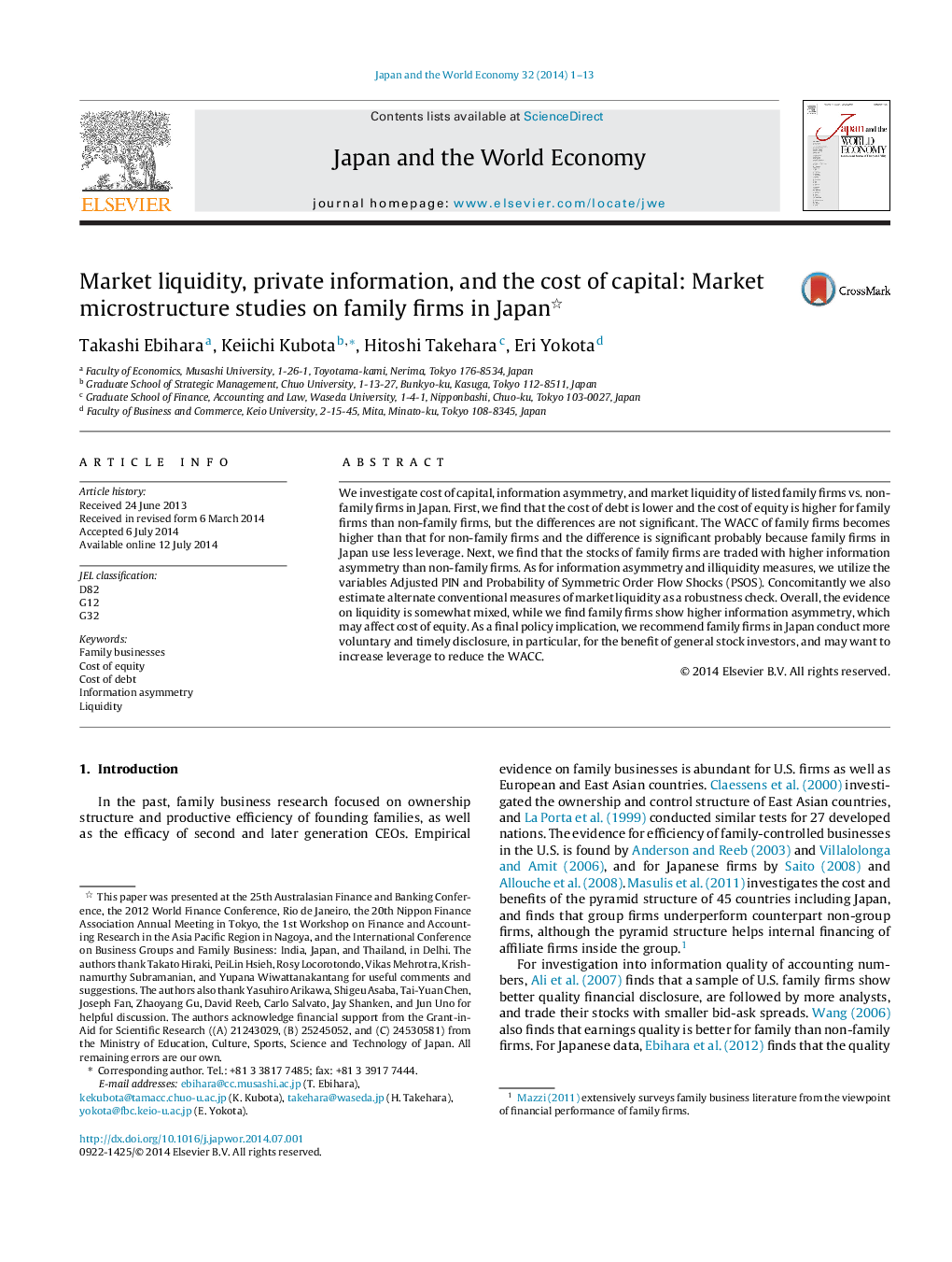 Market liquidity, private information, and the cost of capital: Market microstructure studies on family firms in Japan