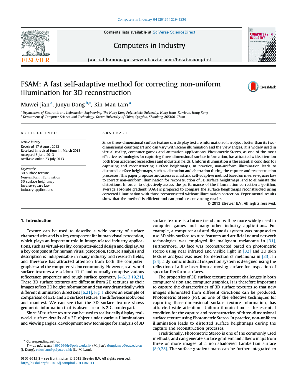 FSAM: A fast self-adaptive method for correcting non-uniform illumination for 3D reconstruction