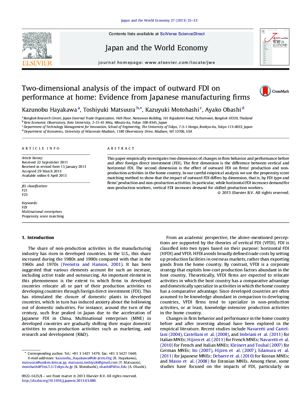 عکس صفحه اول مقاله: Two-dimensional analysis of the impact of outward FDI on performance at home: Evidence from Japanese manufacturing firms Two-dimensional analysis of the impact of outward FDI on performance at home: Evidence from Japanese manufacturing firms