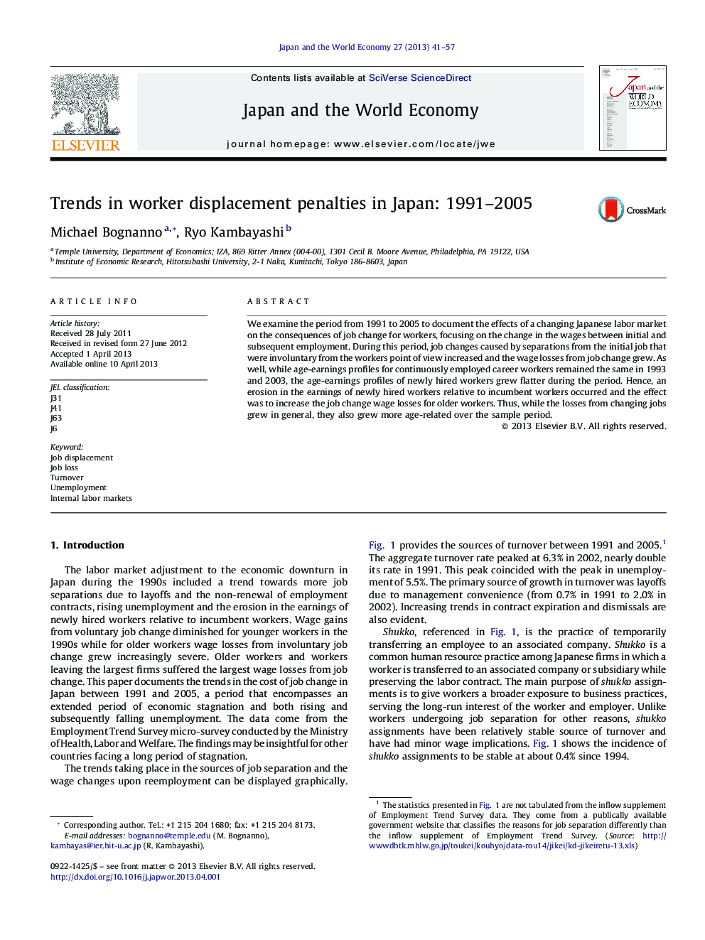 Trends in worker displacement penalties in Japan: 1991-2005