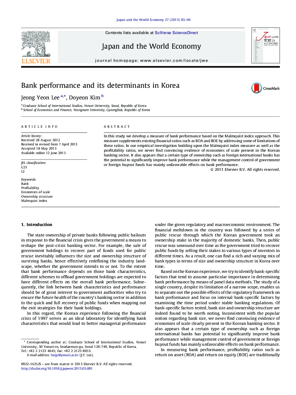 Bank performance and its determinants in Korea