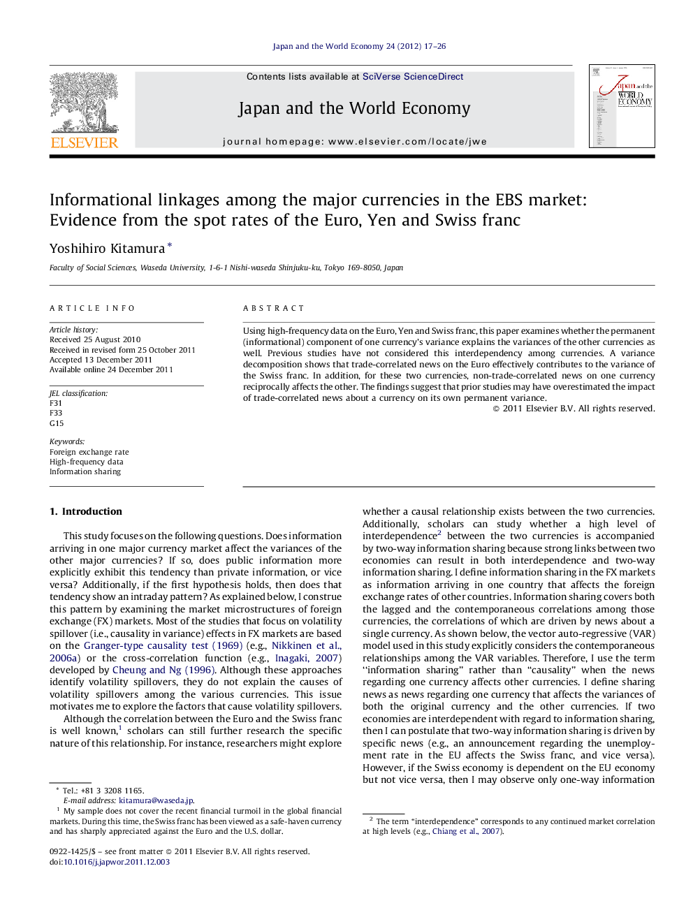 Informational linkages among the major currencies in the EBS market: Evidence from the spot rates of the Euro, Yen and Swiss franc