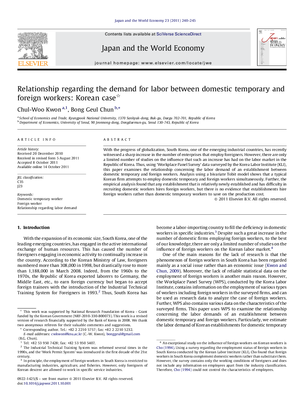 Relationship regarding the demand for labor between domestic temporary and foreign workers: Korean case