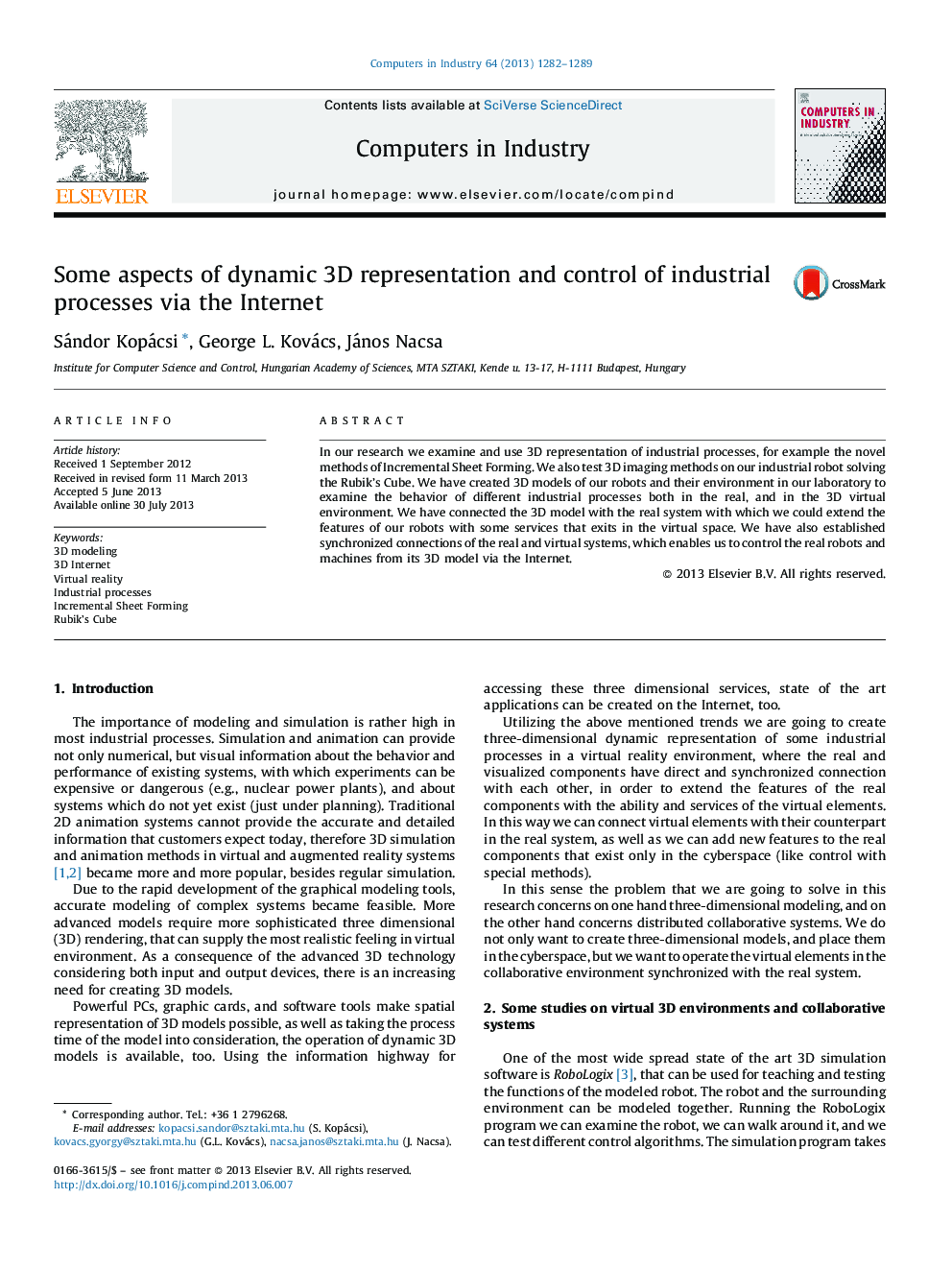 Some aspects of dynamic 3D representation and control of industrial processes via the Internet