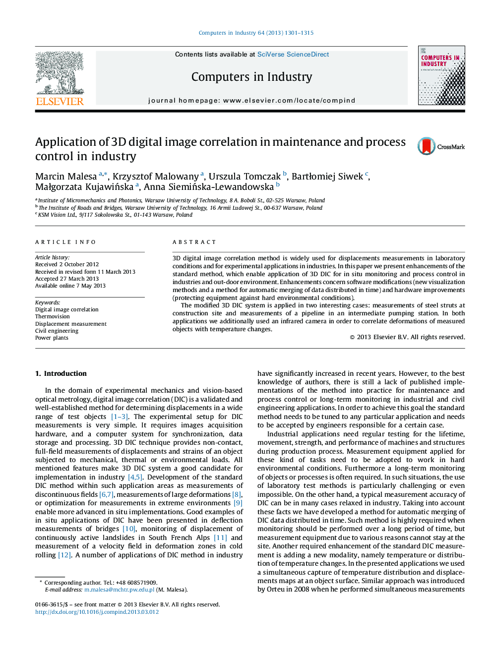 Application of 3D digital image correlation in maintenance and process control in industry