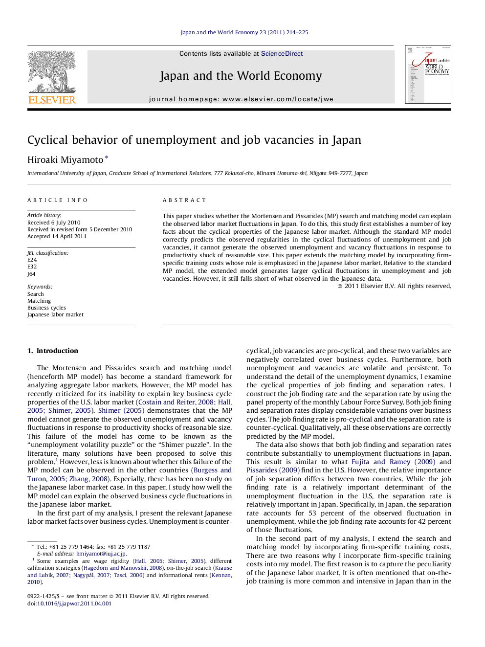 Cyclical behavior of unemployment and job vacancies in Japan