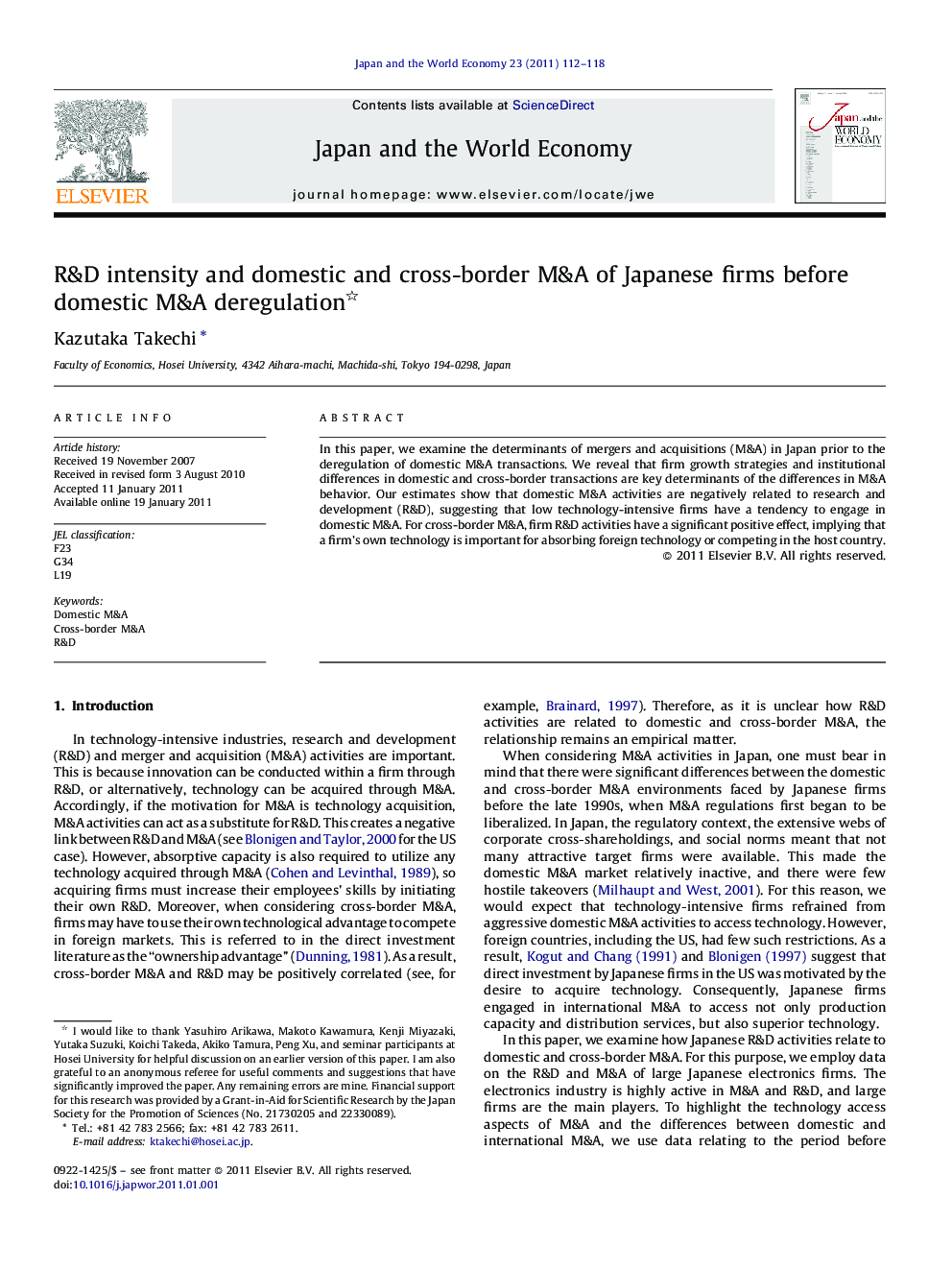 R&D intensity and domestic and cross-border M&A of Japanese firms before domestic M&A deregulation