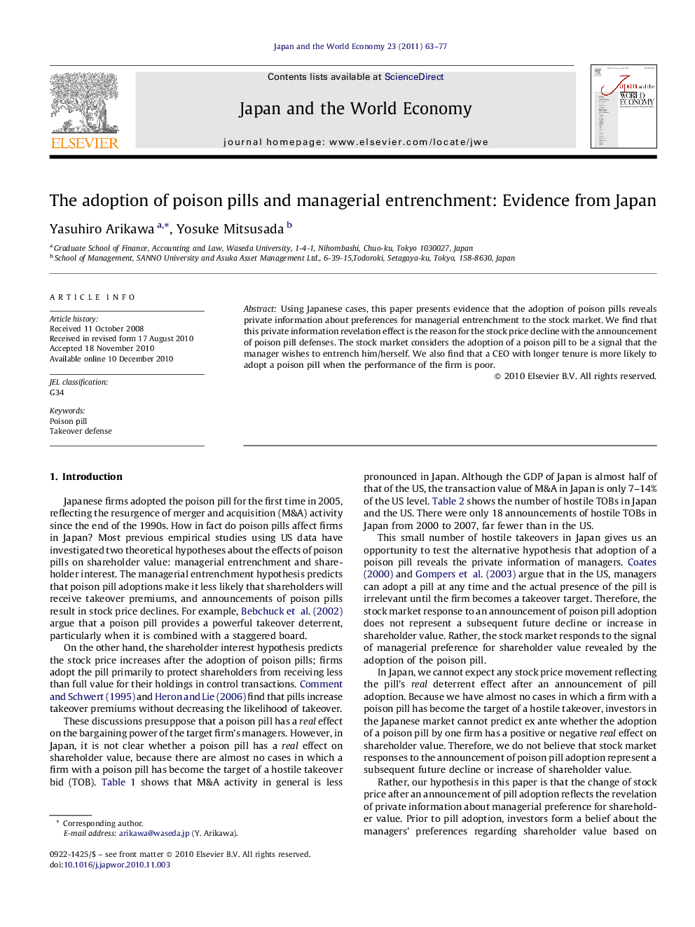 The adoption of poison pills and managerial entrenchment: Evidence from Japan