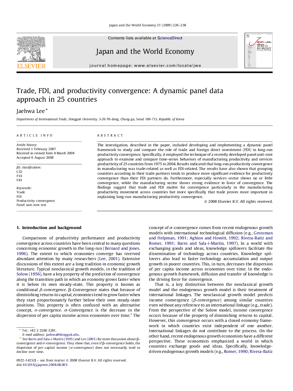 Trade, FDI, and productivity convergence: A dynamic panel data approach in 25 countries