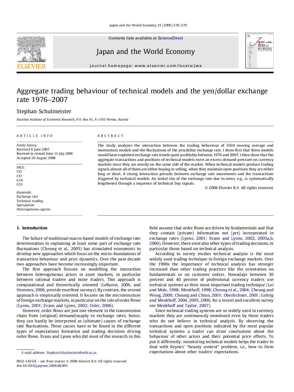 Aggregate trading behaviour of technical models and the yen/dollar exchange rate 1976-2007