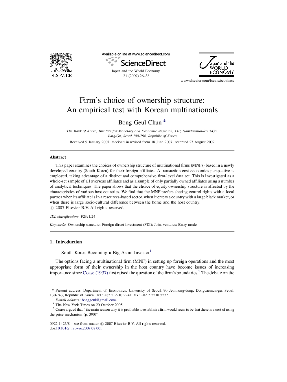 Firm's choice of ownership structure: An empirical test with Korean multinationals