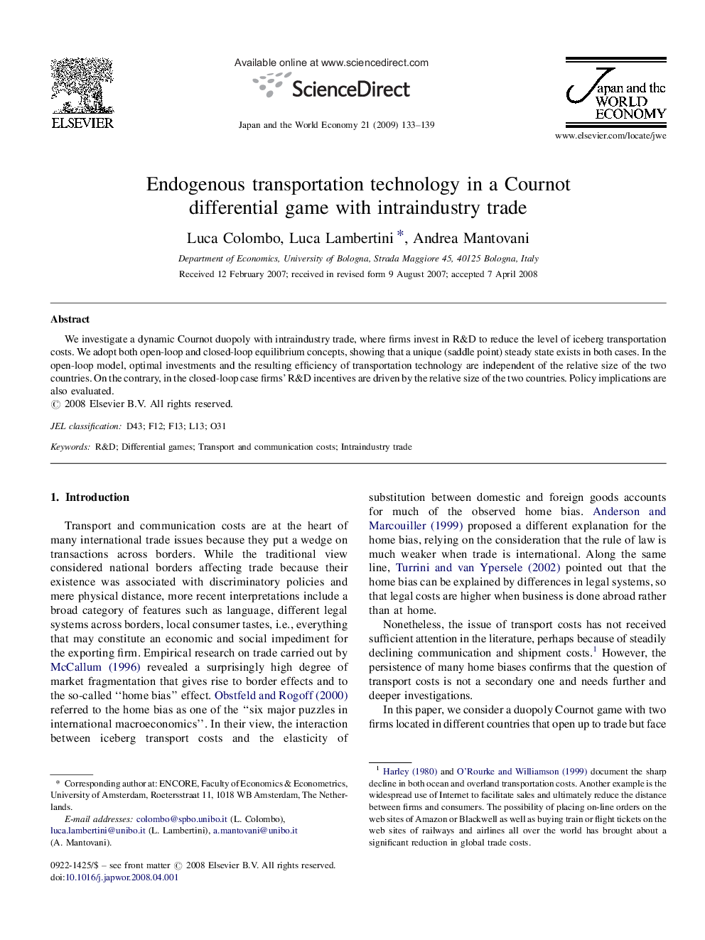 Endogenous transportation technology in a Cournot differential game with intraindustry trade