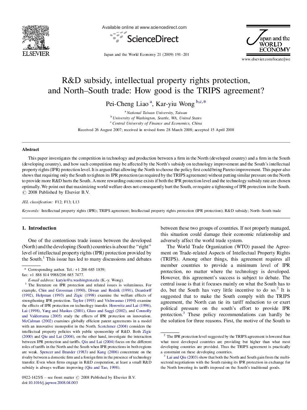 R&D subsidy, intellectual property rights protection, and North-South trade: How good is the TRIPS agreement?
