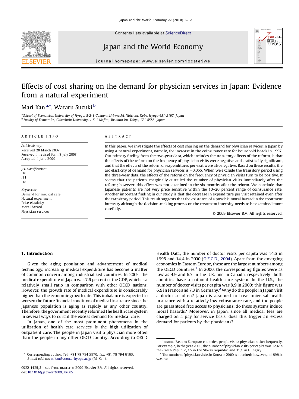 Effects of cost sharing on the demand for physician services in Japan: Evidence from a natural experiment