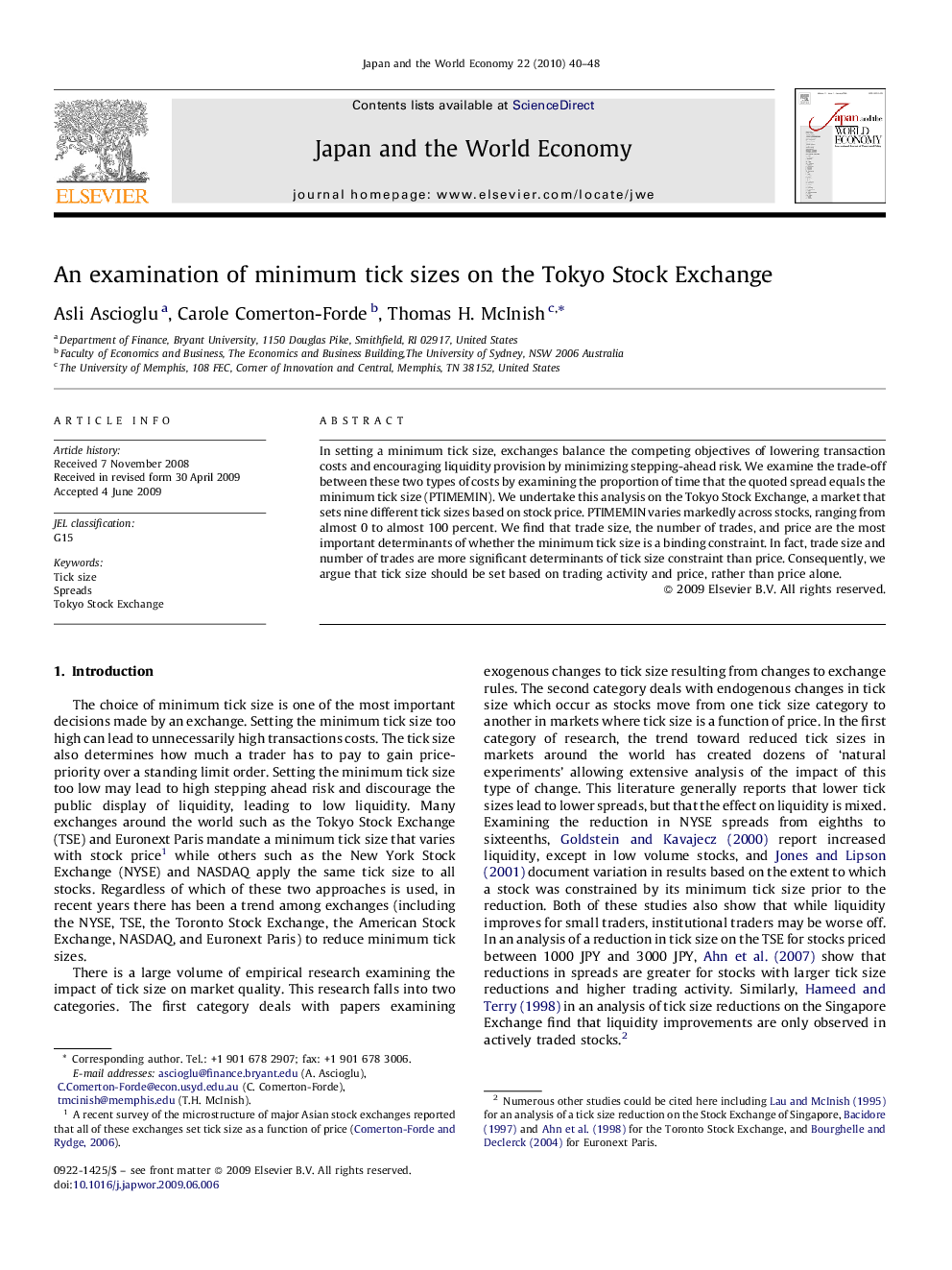 An examination of minimum tick sizes on the Tokyo Stock Exchange