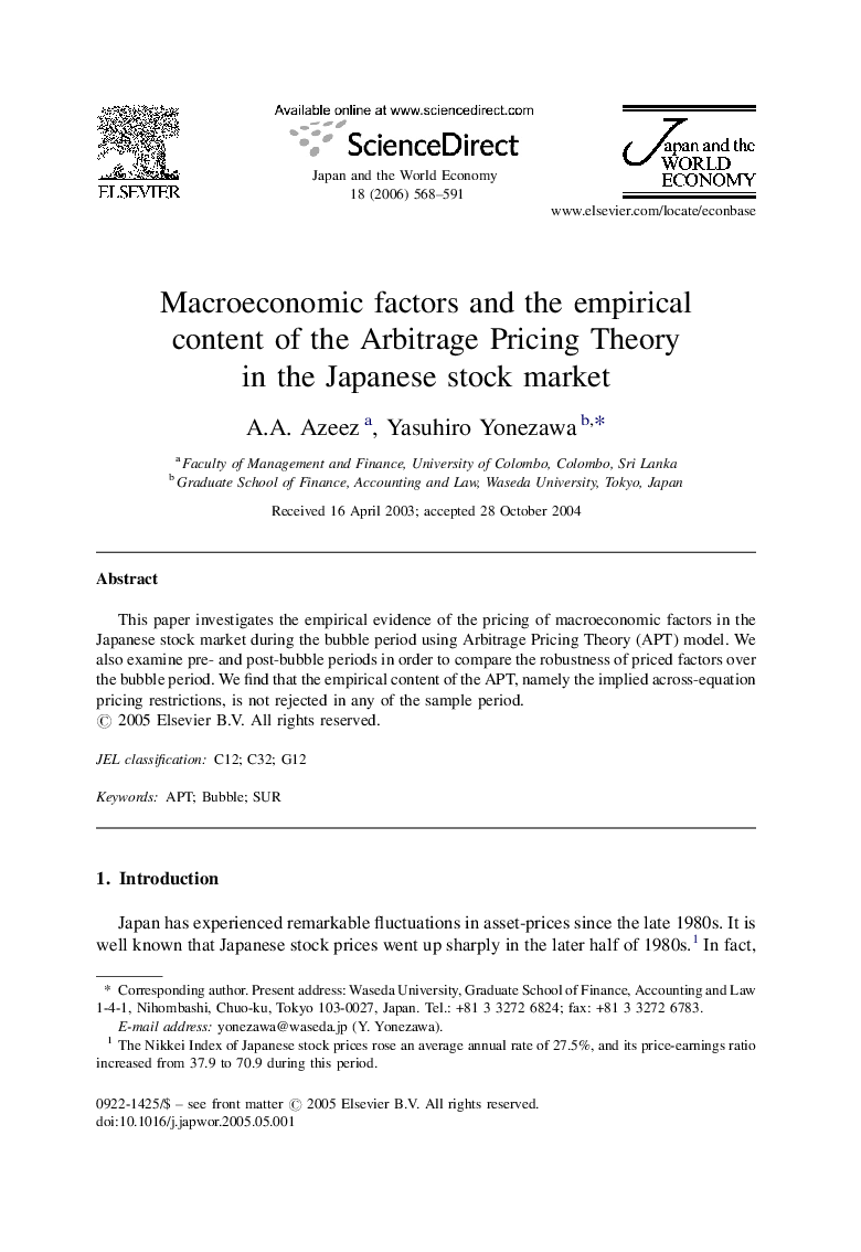 Macroeconomic factors and the empirical content of the Arbitrage Pricing Theory in the Japanese stock market