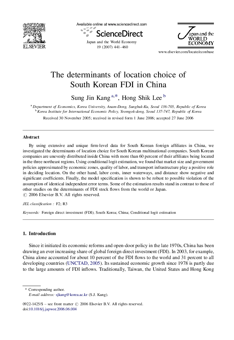 The determinants of location choice of South Korean FDI in China